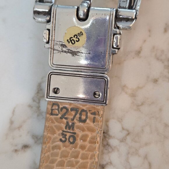 Brighton Vintage Belt Medium 30" Tan White Reversible 90's Thick Leather Silver - Picture 3 of 10